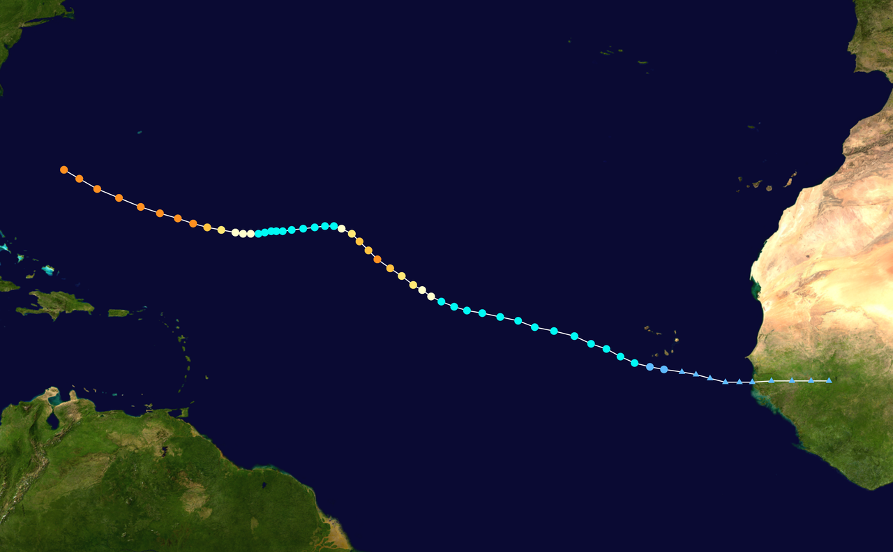 Map plotting the track and intensity of the storm, according to the Saffir–Simpson scale